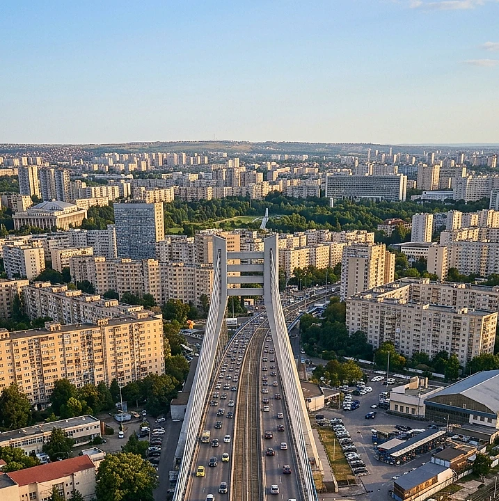 Vedere aeriana dintr-o zona rezidentiala si comerciala din Bucuresti
